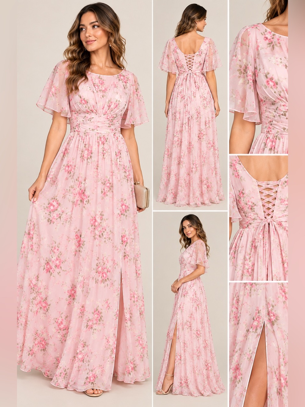 Pink Floral Chiffon Corset Back Formal Maxi Dress Plus Size 16